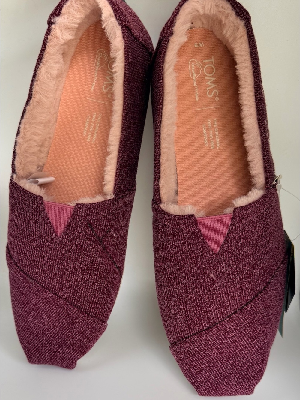 Toms Women's Wine Slip-On Flats with Blush Faux Fur Lining